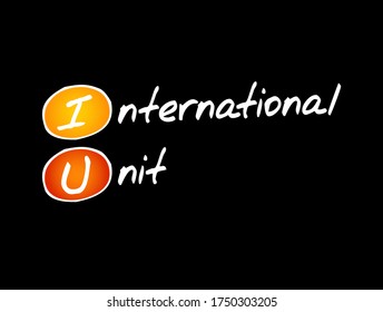 IU International Unit - amount of a substance that has a certain biological effect, acronym text concept background