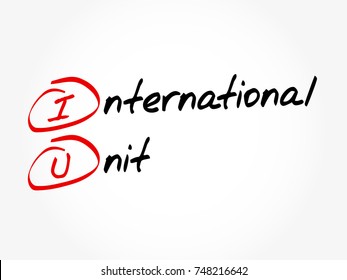 IU International Unit - amount of a substance that has a certain biological effect, acronym text concept background