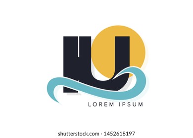 IU letter logo with ocean waves and sunset. Beach concept design