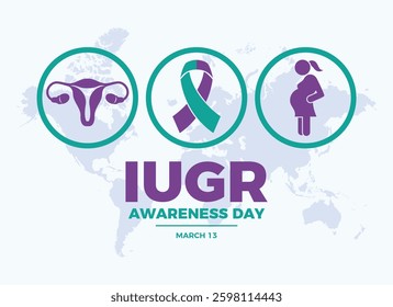 IUGR Awareness Day poster vector illustration. Teal and purple awareness ribbon, uterus, pregnant woman icon set vector. Intrauterine Growth Restriction symbol. Template for background, banner, card