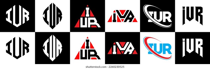 IUR letter logo design in six style. IUR polygon, circle, triangle, hexagon, flat and simple style with black and white color variation letter logo set in one artboard. IUR minimalist and classic logo