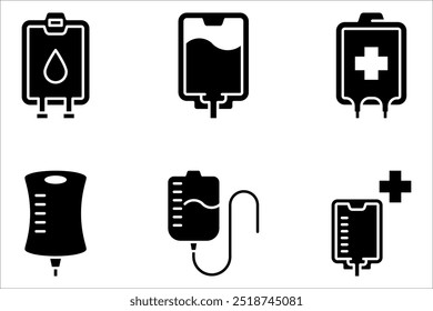 Conjunto de iconos médicos de infusión de bolsa IV, Ilustración vectorial sobre fondo blanco