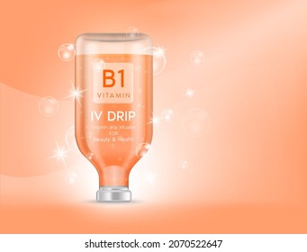 IV bag vitamin B1 dripping orange. Bottles of vitamins iv drip therapy minerals healthy for health and skin. Injection intravenous infusion of natural nutrients. Medical, beauty concepts. 3D vector.