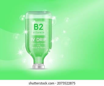 IV bag vitamin B2 dripping green. Bottles of vitamins iv drip therapy minerals healthy for health and skin. Injection intravenous infusion of natural nutrients. Medical, beauty concepts. 3D vector.