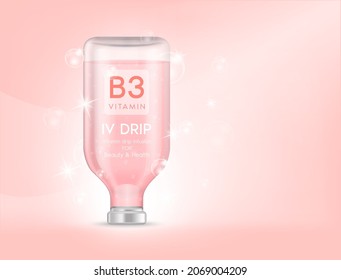 Bolsa IV vitamina B3 goteando rosa. Botellas de vitaminas iv terapia de goteo minerales saludables para la salud y la piel. Inyección intravenosa de nutrientes naturales. Medicina, conceptos de belleza. vector 3D.