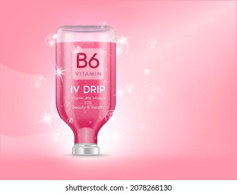 IV bag vitamin B6 dripping pink. Bottles of vitamins iv drip therapy minerals healthy for health and skin. Injection intravenous infusion of natural nutrients. Medical, beauty concepts. 3D vector.