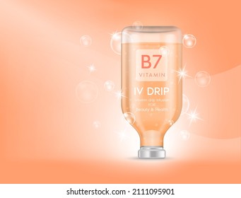 IV bag vitamin B7 dripping orange. Bottles of vitamins iv drip therapy minerals healthy for health and skin. Injection intravenous infusion of natural nutrients. Medical, beauty concepts. 3D vector.