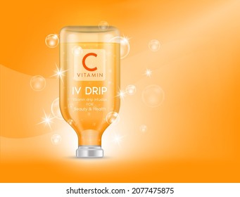 IV bag vitamin C dripping orange. Bottles of vitamins iv drip therapy minerals healthy for health and skin. Injection intravenous infusion of natural nutrients. Medical, beauty concepts. 3D vector.