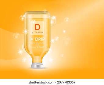 IV bag vitamin D dripping orange. Bottles of vitamins iv drip therapy minerals healthy for health and skin. Injection intravenous infusion of natural nutrients. Medical, beauty concepts. 3D vector.