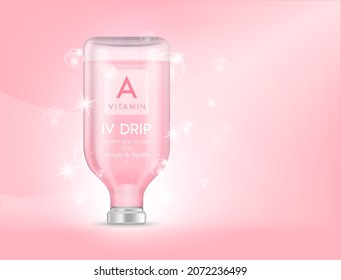 IV bag vitamin A dripping pink. Bottles of vitamins iv drip therapy minerals healthy for health and skin. Injection intravenous infusion of natural nutrients. Medical, beauty concepts. 3D vector.