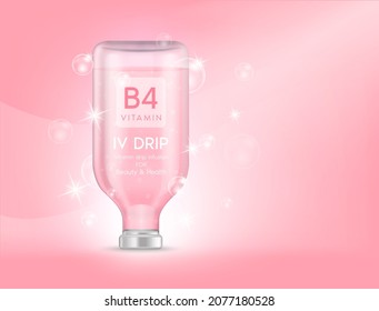 IV bag vitamin A dripping pink. Bottles of vitamins iv drip therapy minerals healthy for health and skin. Injection intravenous infusion of natural nutrients. Medical, beauty concepts. 3D vector.