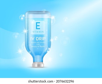 IV bag vitamin E dripping blue. Bottles of vitamins iv drip therapy minerals healthy for health and skin. Injection intravenous infusion of natural nutrients. Medical, beauty concepts. 3D vector.