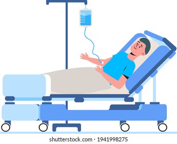 IV in clinic concept vector The patient lies in bed and takes drugs through the IV Chemotherapy, antibiotics, dropper are shown.