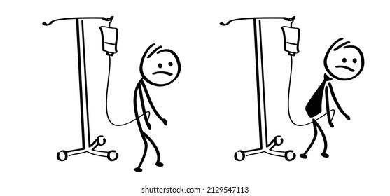 IV drip. Businessman stickman, stick figures man and a infusion. Natural Nutrients via Dropper in Hospital, Clinic Health Care Procedure. Vector elderly person or patient with medicine or blood bags.