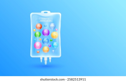 IV Drip essential amino acids complex in transparent saline bag on blue background with empty space for text. Minerals vitamins nutrients supplement for the body and muscles. Banner vector.