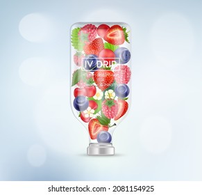 IV Drip Vitamin Berry Infusion Therapy. Different Fruit Vegetable Inside Saline Bag. Food Rich In Vitamin. Natural Products Containing Vitamins, Dietary Fiber And Minerals Healthy. Realistic 3D Vector