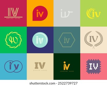 IV logo company template. Letter i and v logotype. Set different classic serif lettering and modern bold text with design elements. Initial font typography. Collection trendy business identity.