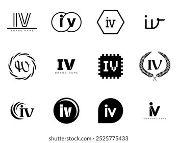 PLANTILLA de la compañía del logotipo IV. Logotipo de las letras i y v. Establezca diferentes letras serif clásicas y texto moderno en negrita con Elementos de diseño. Tipografía inicial de fuente. Colección de identidad empresarial de moda.