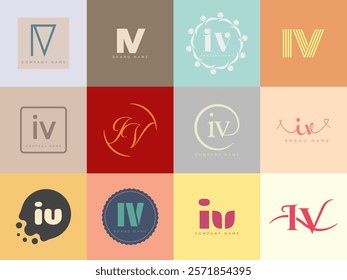 IV logo company template. Letter i and v logotype. Set different classic serif lettering and modern bold text with design elements. Initial font typography. Collection trendy business identity.