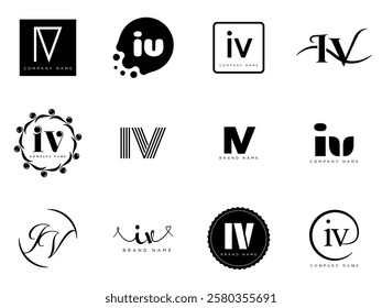 IV logo company template. Letter i and v logotype. Set different classic serif lettering and modern bold text with design elements. Initial font typography. Collection trendy business identity.