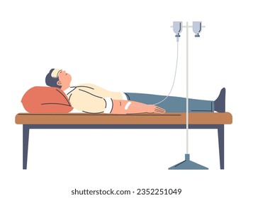 IV treatments for alcoholics in coma, isolated male characters having problems with health. Addiction and destructive behavior of personage. Man on bed in clinics or hospital. Vector in flat style