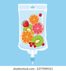 IV Terapia de goteo de vitaminas.  Dibujo vectorial de Fruit Saline Bag sobre fondo azul.