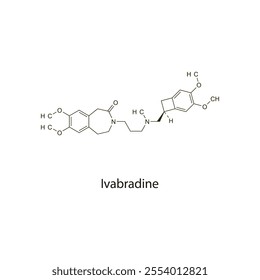 Ivabradine flat skeletal molecular structure selective sinus node If inhibitor drug used in angina pectoris treatment. Vector illustration scientific diagram.