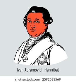 Ivan Abramovich Gannibal is a Russian military leader. He was the great uncle of the famous Russian poet Alexander Pushkin. Hand drawn vector illustration