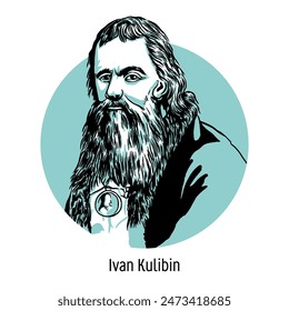 Ivan Kulibin is a Russian mechanic-inventor from the bourgeoisie, nicknamed the “Nizhny Novgorod Archimedes”, a member and mechanic of the Imperial Academy of Sciences. Hand drawn vector illustration