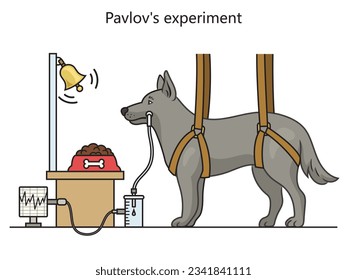 Ivan Pavlov investigación sobre la configuración del reflejo del perro de forma de acondicionamiento clásico diagrama esquemático de ilustración vectorial. Ilustración de la ciencia médica