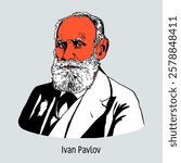 Ivan Pavlov is a Russian and Soviet scientist, physiologist, founder of the science of higher nervous activity, Nobel Prize laureate. Hand drawn vector illustration