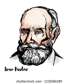 Ivan Pavlov watercolor vector portrait with ink contours. Russian physiologist known primarily for his work in classical conditioning.