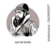 Ivan the Terrible - sovereign, grand duke of Moscow and all Russia since 1533, the first crowned tsar of all Russia. Hand drawn vector illustration