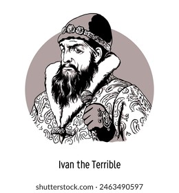 Ivan the Terrible - sovereign, grand duke of Moscow and all Russia since 1533, the first crowned tsar of all Russia. Hand drawn vector illustration