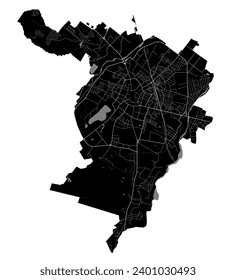 Mapa de la ciudad de Ivano-Frankivsk, Ucrania. Fronteras administrativas municipales, mapa de zonas negras y blancas con ríos y carreteras, parques y ferrocarriles. Ilustración vectorial.