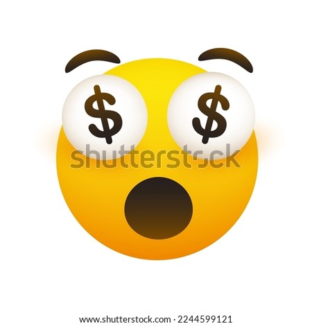I've Become Rich - Funny Smiling Emoji with Open Mouth and Dollar Signs in Pop Out Eyes - Simple Happy Emoticon on Transparent Background