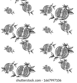 iVector illustration. Pomegranate seamless pattern with leaves. Pomegranate fruit is cut in half. The illustration is made in the style of hand drawing in black contours.