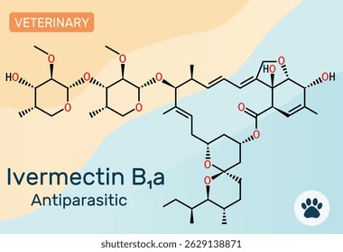 Ivermectin B1a molecule. Antiparasitic agent used in veterinary and human medicine. Vector illustration