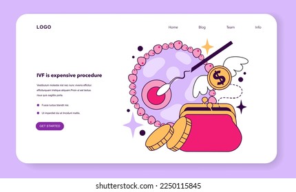 IVF is expensive procedure as a disadvantage of IVF web banner or landing page. Modern technology for infertility treatment. Artificial pregnancy procedure cons. Flat vector illustration