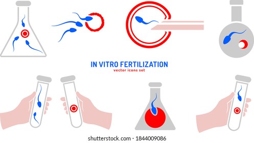 IVF Icons Set. In Vitro Fertilization concept. Pictogram, sign, symbol, logotype element in red and blue. Healthcare, medicine, woman health. Editable vector illustration isolated on white background