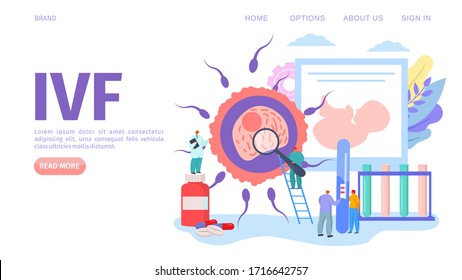 IVF medical fertility concept, webpage vector illustration. Gynecology healthcare, alternative way for pregnancy in hospital laboratory. Man and woman doctors research fertilized egg.