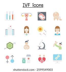 IVF, In Vitro Fertilization icon set in flat color style