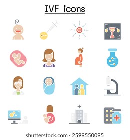 IVF, In Vitro Fertilization icon set in flat color style
