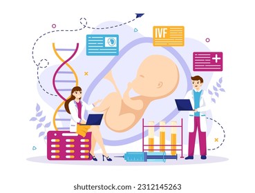 Ilustración de vectores de fertilización in vitro o IVF para inseminación artificial sobre el embarazo y la investigación de doctores plantilla de caricaturas de huevos fertilizados