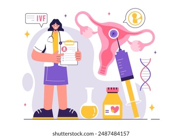 FIV o Ilustración vectorial de fertilización in vitro para la inseminación artificial, focalizando la gestación y la investigación médica de los huevos fertilizados