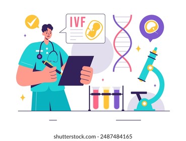 IVF or In Vitro Fertilization Vector Illustration for Artificial Insemination, Focusing on Pregnancy and Doctors' Research of Fertilized Eggs