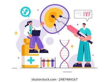 IVF or In Vitro Fertilization Vector Illustration for Artificial Insemination, Focusing on Pregnancy and Doctors' Research of Fertilized Eggs