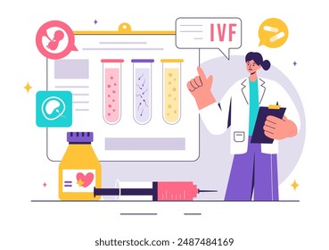 FIV o Ilustración vectorial de fertilización in vitro para la inseminación artificial, focalizando la gestación y la investigación médica de los huevos fertilizados