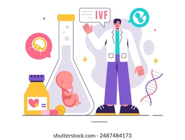 IVF or In Vitro Fertilization Vector Illustration for Artificial Insemination, Focusing on Pregnancy and Doctors' Research of Fertilized Eggs