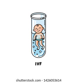 IVF, In vitro fertilization. Vector linear flat illustration. Baby boy embryo floats in a test tube. Outline logo for Infertility Clinic, IVF Center. Infertile couple, fertility problem.